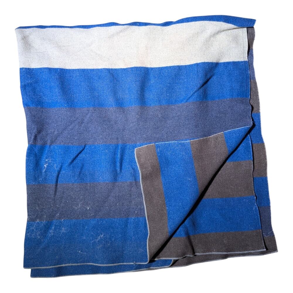 Vtg 1960s Blue Gray Color Block Stripe Wool Camp Throw Blanket 77 x 79